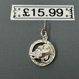 Sterling silver motorbike in a circle charm